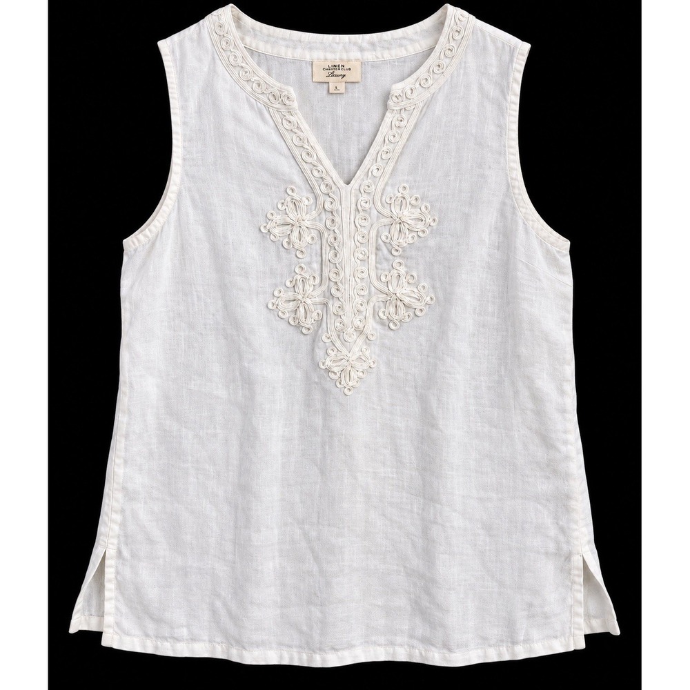 Linen Charter Club Luxury White 100% Linen Embroidered Tunic Top Coastal L